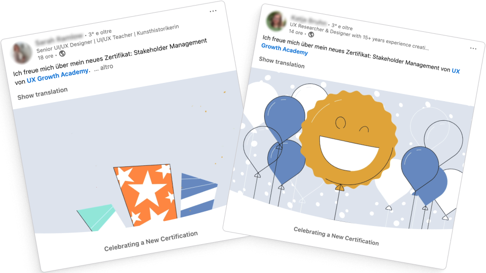 LinkedIn-Beitraege von Teilnehmerinnen ueber ihr Zertifikat